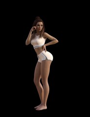 Fototapeta na wymiar 3D illustration of a beautiful woman with brown hair in a white bra and white skirt poses