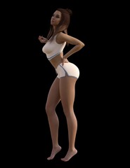 3D illustration of a beautiful woman with brown hair in a white bra and white skirt poses