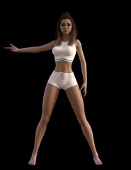 3D illustration of a beautiful woman with brown hair in a white bra and white skirt poses