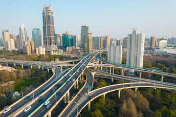 Aerial view of the traffic and skyscrapers in Shanghai, China.