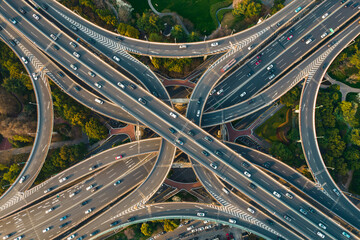Aerial view of the traffic on overpass bridge in Shanghai, China.
