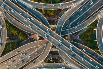 Aerial view of the traffic on overpass bridge in Shanghai, China.