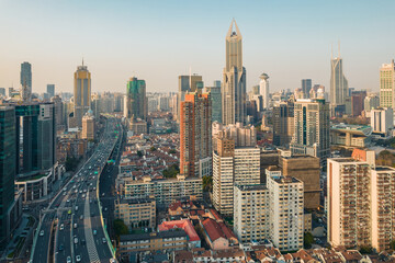 Fototapeta premium Aerial view of the traffic and skyscrapers in Shanghai, China.
