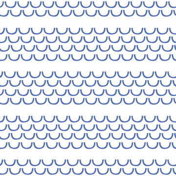 Abstract wavy stripe pattern vector. Seamless repeat of hand drawn colourful doodle sea waves in blue and white. 