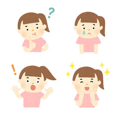 困って悩んでびっくりして解決した女の子の表情セット
