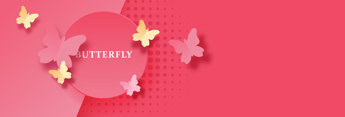 Big bright pink background banner with butterflies spring template. Abstract background modern bright modern graphic.  Vector abstract background texture design, bright poster, spring beautiful banner