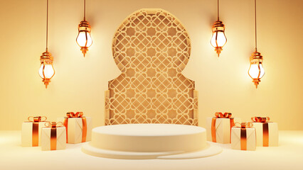 Golden Background Decorated With 3D Lit Lanterns Hang, Gift Boxes And Empty Podium Or Stage For Islamic Festival Concept.