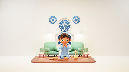 3D Illustration Of Islamic Young Boy Praying Before Meal At Home For Muslim Community Festival Concept.