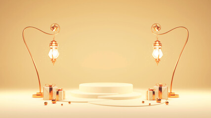 3D Golden Illuminated Lamps With Stars, Gift Boxes, Balls And Empty Podium Or Stage For Islamic Festival Concept.