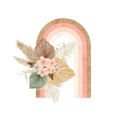 Watercolor boho tropical arrangement with rainbow. Dried flowers composition. Pampas grass, monstera, palm leaf, pink rose. © LuckPicture