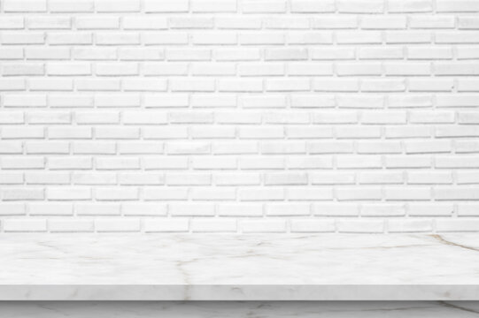 Empty white marble table top with brick wall background