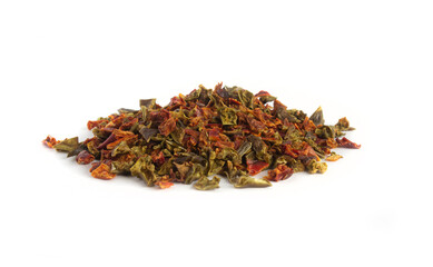 Dehydrated or Dried Bell Pepper Pieces in Red and Green in Pile