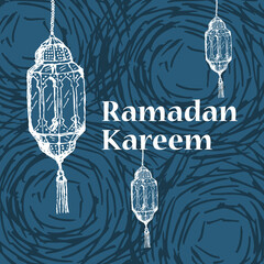 Arabic Lantern Ramadan kareem hand drawn style Blue