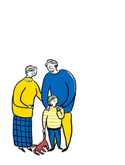 小さい子供と悲しむシニア男性と女性、孫と祖父母、カラー（縦、左下配置）