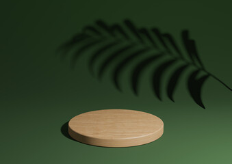 Dark, warm green simple 3D render minimal natural product display composition with one wood podium or stand with palm leaf shadow in the background