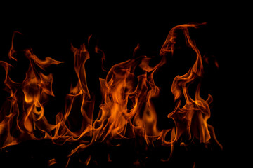 Fire flame burning and fire glowing on black background.