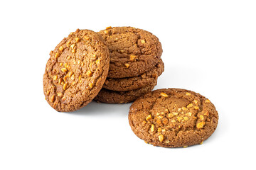 Sweet oatmeal cookies with peanuts on white