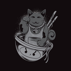 lucky cat with noodles black and white