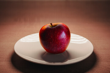 Ripe red apple on a white plate on a wooden table. Selective focus.