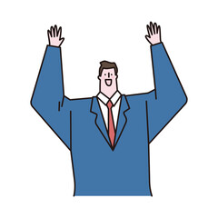 Vector illustration of a man raising his hand and expressing joy.