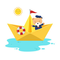 Cute bear in sailor uniform sailing with origami ship. Flat vector cartoon design