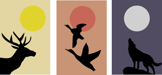 Collection of modern minimalistic landscapes: forest animals (deer, wolf, ducks) with sun (morning, evening and night) on a colored background