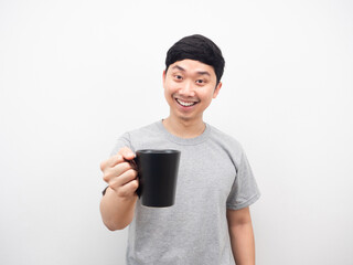 Man gesture invite to drinking coffee happy smile emotion