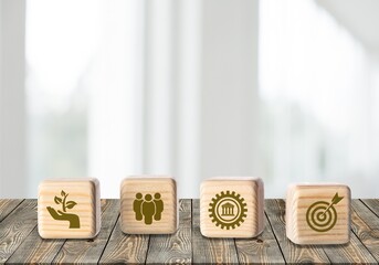Wooden cubes with target setting  to ESG icon  ESG concept of environmental, social. Sustainable corporation development.