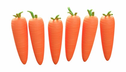 Six big fresh carrots on a white background.