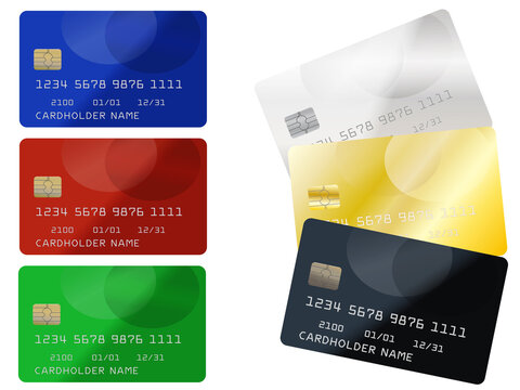 クレジットカードのイラストセット、ノーマル、ゴールド、プラチナ、ブラックカード、ランク別