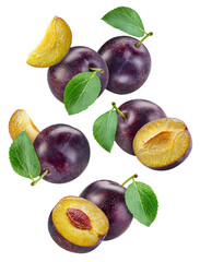 Plum with leaf isolated on white background