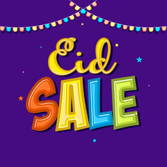 Sticker Style Colorful Eid Mubarak Font With Circle Garland Decorated On Purple Background. Advertising Poster Design.