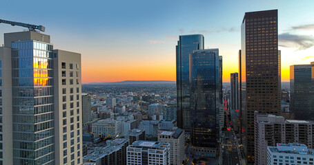 Fototapeta na wymiar City of Los Angeles, panoramic cityscape skyline scenic, aerial view at sunset. Los angeles buildings.