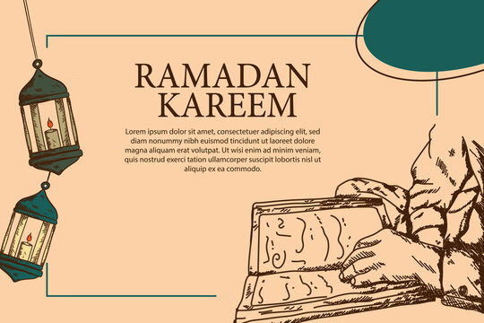 hand drawn ramadan kareem reading alquran illustration