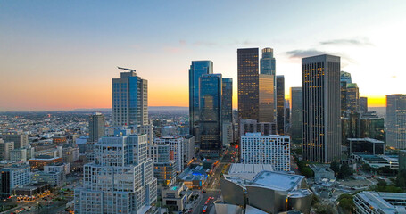Sunset over Los Angeles downtown. Skyscrapers of Los Angeles California. Los Angeles, California,...