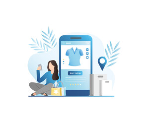 Woman in smartphone chooses, buys, fumbles goods, things to buy in online store, places order with delivery in paper bags to specified location. Online shopping in app, on website. - obrazy, fototapety, plakaty