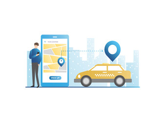 Vector guy calls yellow taxi in city to specified address in geolocation, on map, gps sensor in smartphone. Man in app, on website ordered car on Internet. - obrazy, fototapety, plakaty