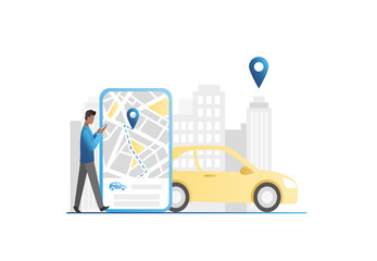 Vector man in application, on website, in smartphone orders, calls yellow taxi on map, lays out route for trip around city, rents car on Internet. Guy with car sharing.