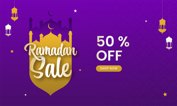 Ramadan Sale Banner Design With 50% Discount Offer, Silhouette Mosque, Stars And Lanterns Hang On Purple Moroccan Pattern Background.
