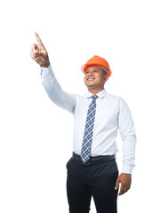 Young engineer or architect standing pointing up smiling happy isolated on white background with clipping path