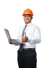 Young engineer or architect standing with clipboard and fist gesturing very happy and smiling happy isolated on white background with clipping path