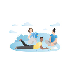 Obraz premium Happy friends, when they meet, talk outdoors in park, joke, laugh, relax on picnic, read books in nature, tell stories. Team of people sits, lies on grass on weekends, on vacation, in free time.