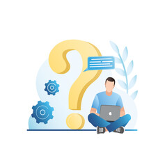 Vector man sits in laptop with big question mark. FAQ. Frequently asked questions on website, application on Internet. Consulting center, support service, hotline, help.