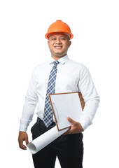 Young engineer or architect standing holding blueprints and clipboard and smiling happy isolated on white background with clipping path