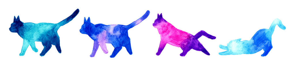 おしゃれな猫の手描き水彩イラストセット　伸びる・歩くポーズ　カラフルな動物のシルエット