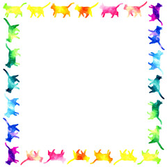 おしゃれな猫の手描き水彩イラスト背景素材　カラフルな歩く猫シルエットのフレーム