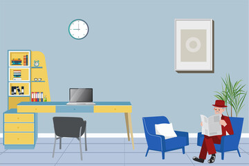 Old man sitting on the sofa and reading newspaper in modern style study room at home. Flat vector illustration