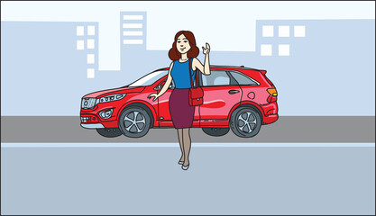  Young woman waving in front of car. 