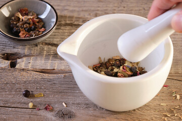 Grinding various dried herbs and resins using a mortar and pestle