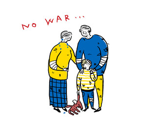 怪我をした小さい子供とシニア男性と女性、孫と祖父母、カラー（横、中央配置）
